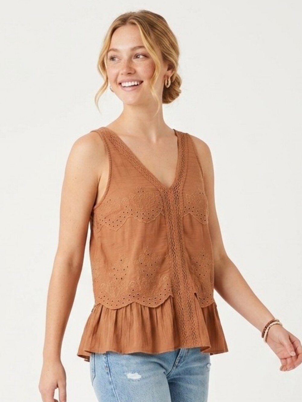 American Eagle Outfitters Eyelet Peplum Tank in Camel Brown